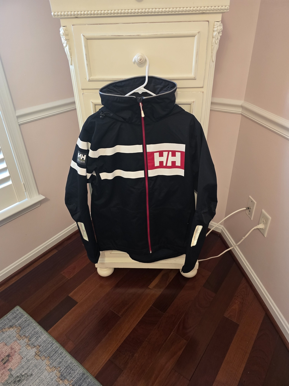 Helly Hansen Navy Rain Jacket with White Stripes and Red HH Logo
